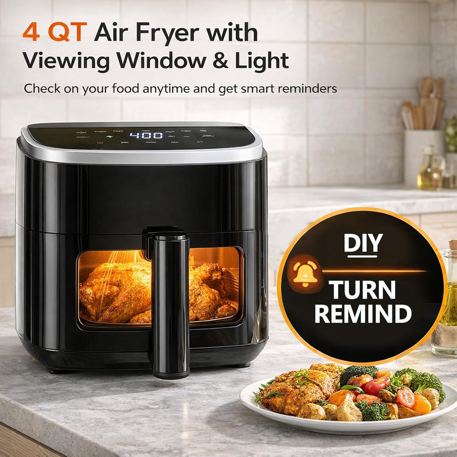 Plum Chef Air Fryer 4 Qt, 8-in-1 Digital Air Fryer with Visible Window, Nonstick Dishwasher-Safe Basket, 60-Min Timer, 1500W, Black – Perfect for Fries, Wings & Baking