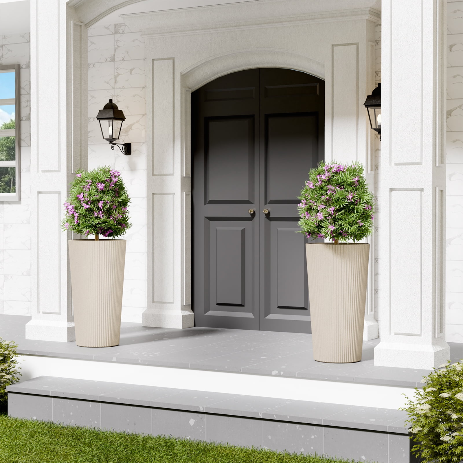 Chiccushion Tall Round Planter Set of 2, 23.6 Inch Tall Decorative Planter Pots for Outdoor Indoor Garden Patio Front Porch, Beige