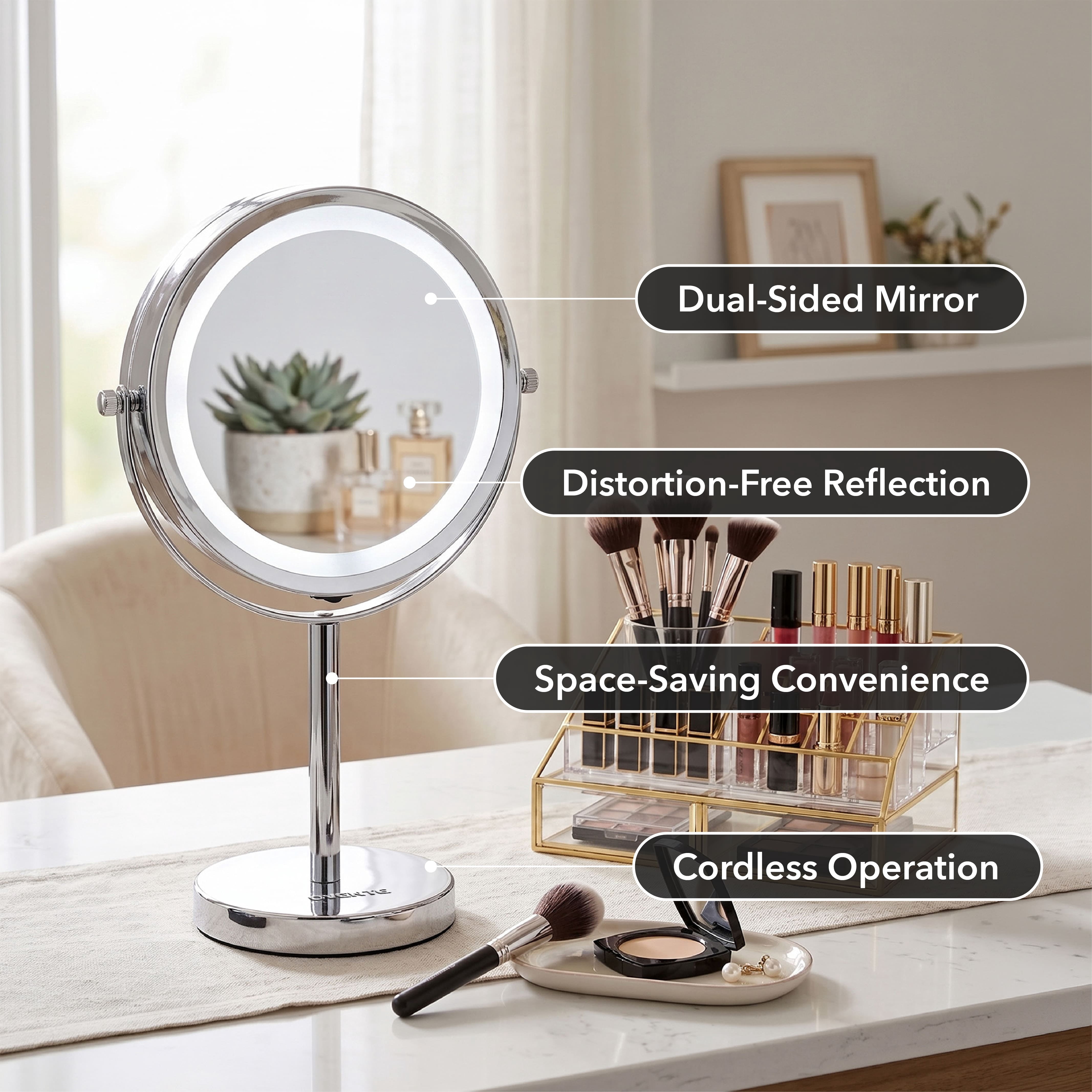 OVENTE 6" Lighted Makeup Mirror with 1X/7X Magnification, Cordless Tabletop Mount Vanity Round Mirror with 360° Swivel Design and Double Sided Cool Tone LED Ring Light, Polished Chrome MLT60CH1X7X