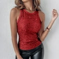 thumbnail image 3 of Trendy Women's Sequin Crop Tank Crew Neck Sleeveless Slim Fit Sparkle Shimmer Vest, Summer Casual Club Party Going Out Blouse,Red M, 3 of 6