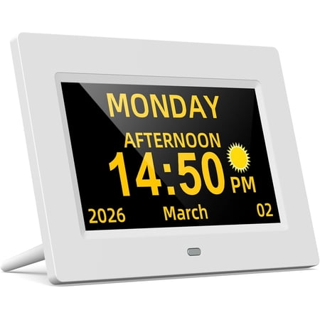 7 inch Digital Calendar Day Clock for Seniors & Elderly, Extra Large Display with Non-Abbreviated Day Date & Month, Dementia Alarm Clock for Memory Loss, Auto-Dimming, White