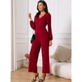 thumbnail image 2 of DARING DIVA Women's V Neck Long Sleeve High Waisted Wide Leg Jumpsuits S Wine Red, 2 of 7