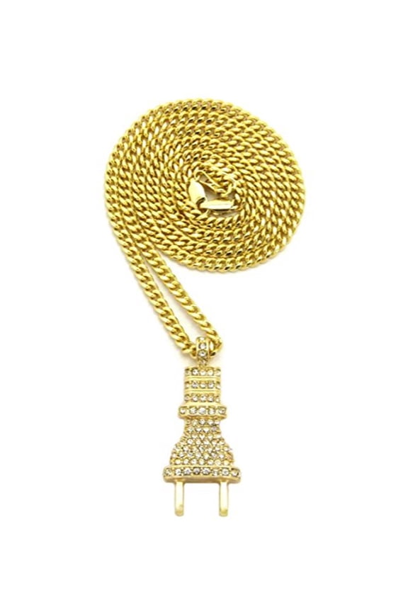 Stone Stud Power Plug Pendant with Chain Necklace - 3mm 24" Gold-Tone Cuban Chain
