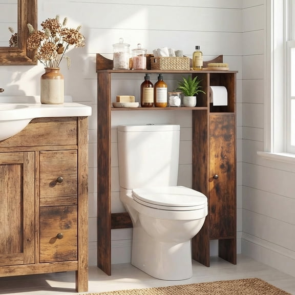 Costway Over The Toilet Storage Cabinet with Toilet Paper Holder and Removable Shelves Rustic Brown