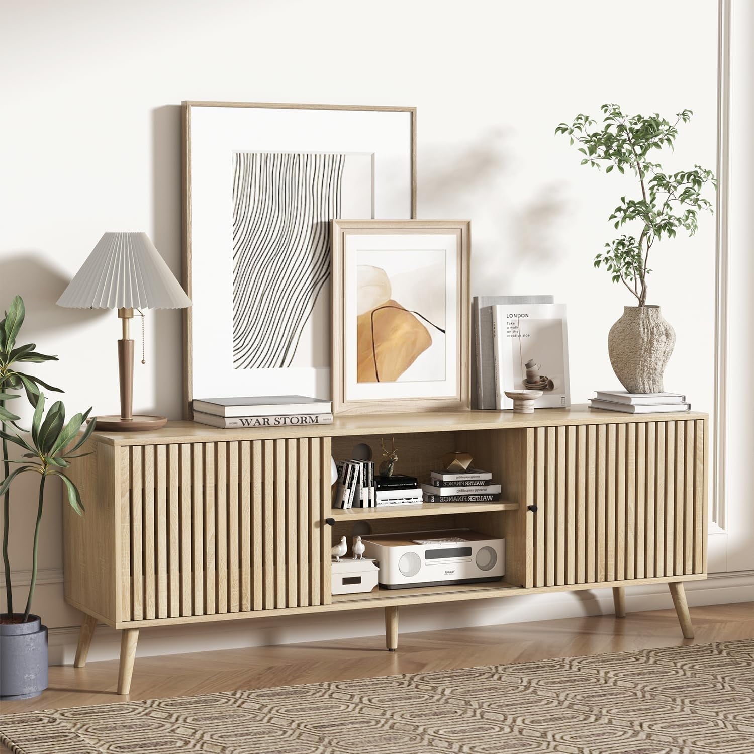 Modern TV Stand for TVs up to 70'', Sliding Doors, Entertainment Center with Storage, Media Console