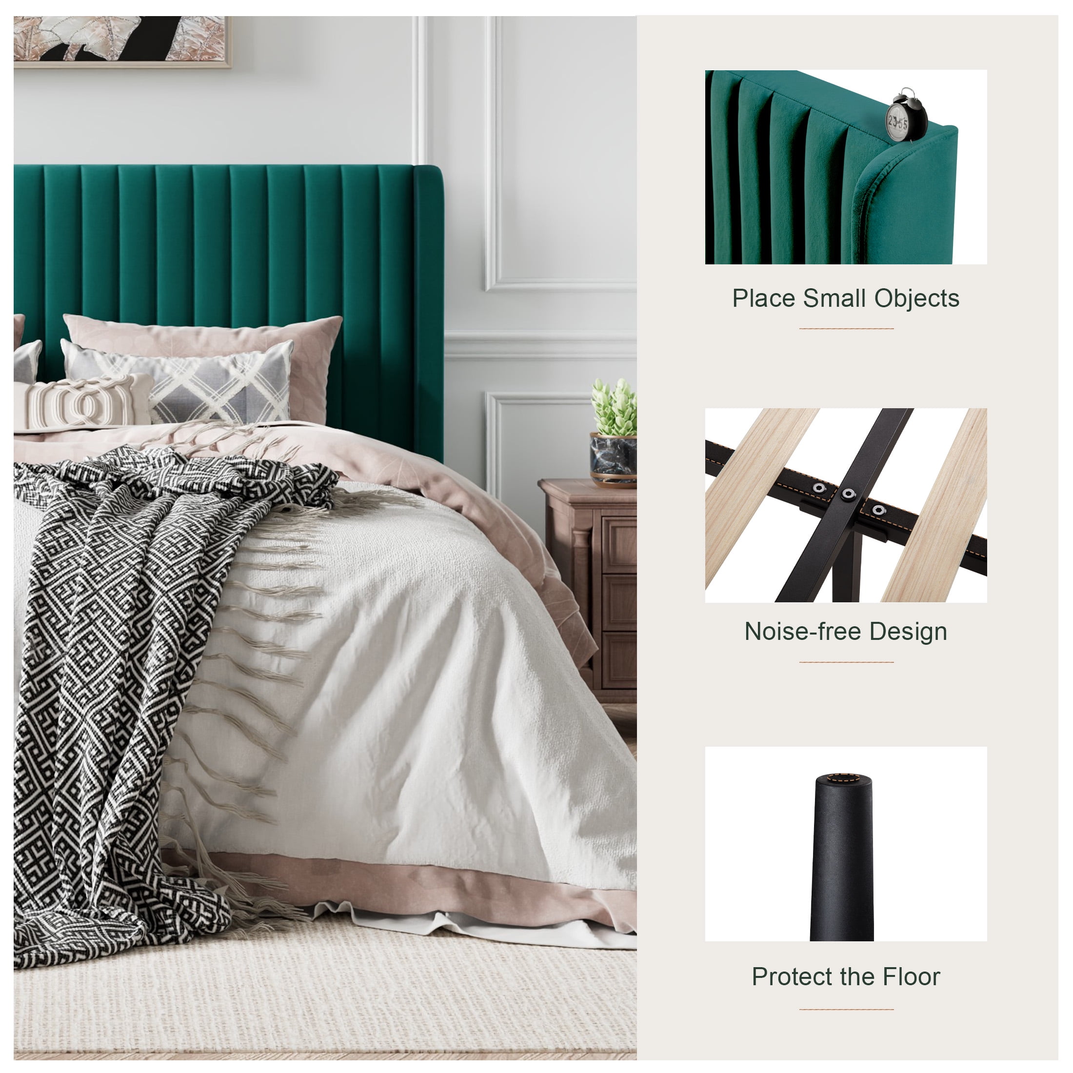 Amolife Queen Size Velvet Upholstered Bed with Wingback Headboard, Lake Blue