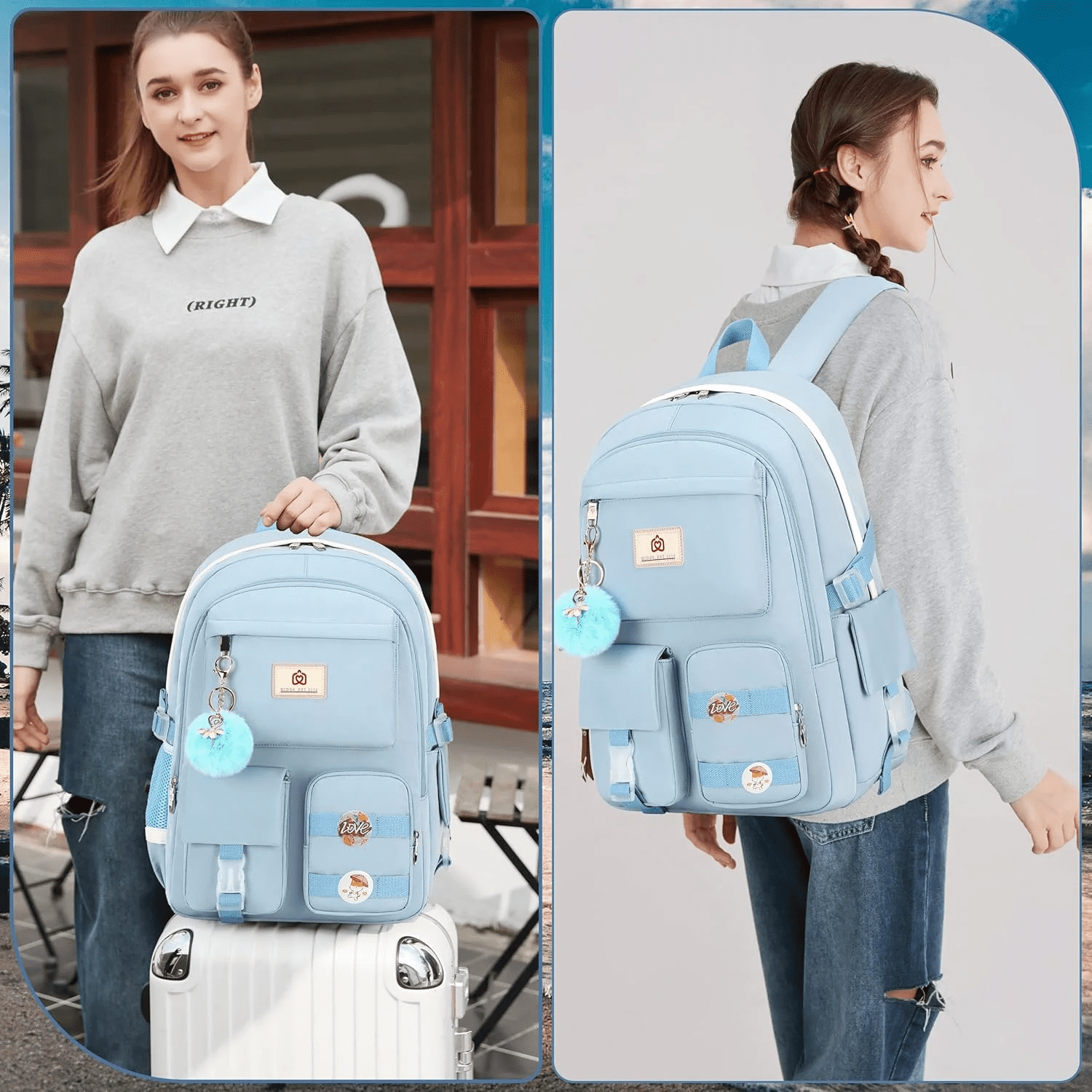 AO ALI VICTORY 3PCS-With lunch bag, pencil box Laptop Backpack 15.6 Inch Bag College Backpacks  Backpack Set Anti Travel Back Pack Large Bookbags forTeens Women(Blue)