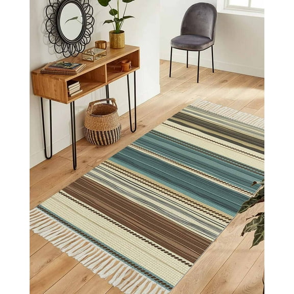 Teal Boho Stripes Area Rug 3x5ft Woven Runner Rug,Modern Bohemia Brown Beige Texture Washable Living Room Hallway Bedroom Kitchen Carpet with Tassels,Indoor Outdoor Throw Door Mat for Entryway