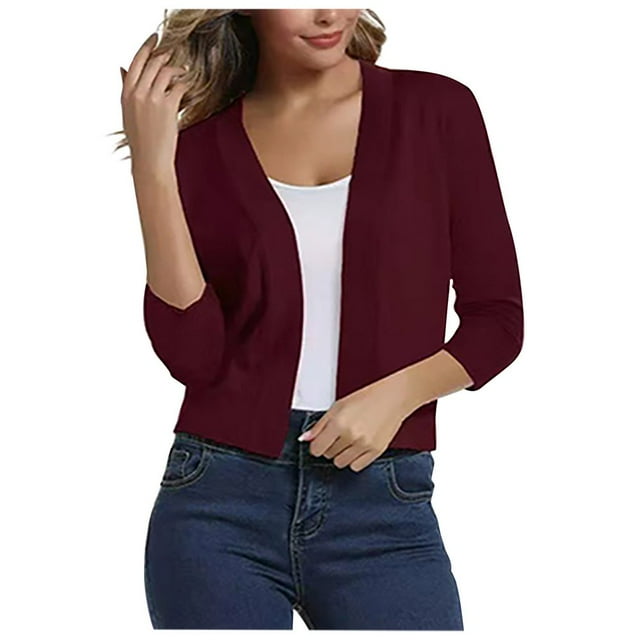 LNGOOR Cardigan Court en Tricot Décontracté pour Femmes, Manches 3/4, Léger, Ouvert à l'Avant, Chandail Blouse, Manteau d'Automne et de Printemps pour Dames, Vert Menthe