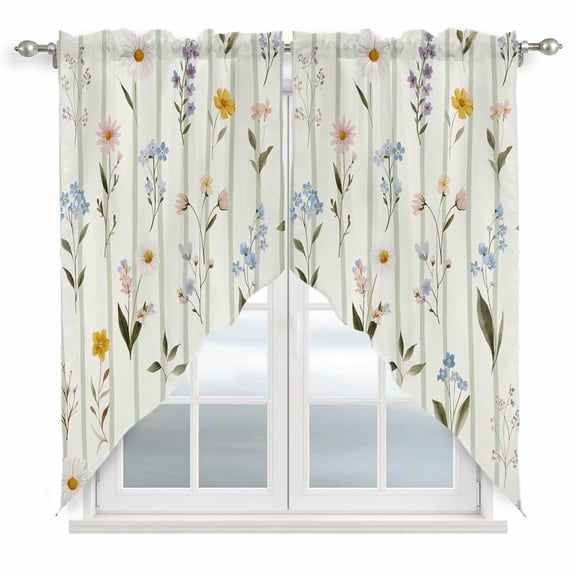 Spring Floral Swag Valances for Windows, Kitchen Window Curtains Over Sink, Summer Botanical Sage Green Striped Window Treatment Curtains for Living Room/Bedroom Curtains 2 Panel Sets 36"x45"