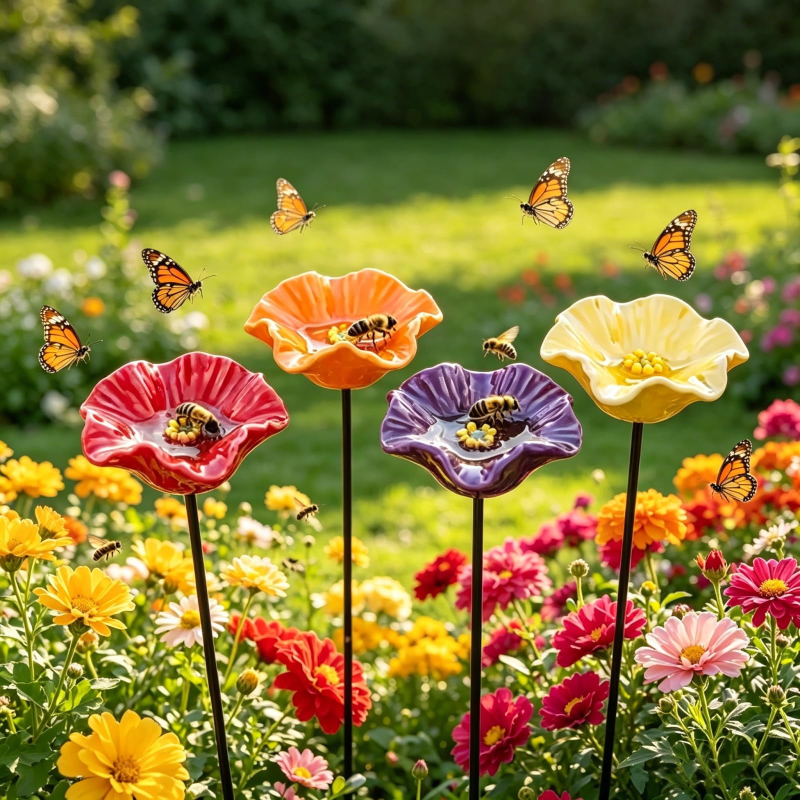 Ceramic Bee Watering Station for Garden, Handmade Ceramic Mini Pollinator Watering Station,Colorful Flower Bee Water Feeder & Butterfly Bird Bath for Patio Lawn Balcony Pots