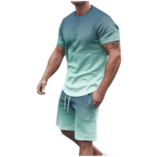 Mens Pantalones Casuales Cuello Redondo Impresión de Manga Corta Blusa Y Pantalones Cortos Traje, Pantalones de Traje para Hombres