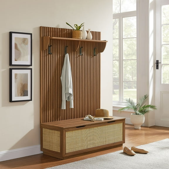 Modway Soma Fluted 3-in-1 Hall Tree With Storage Bench and Coat Rack in Walnut
