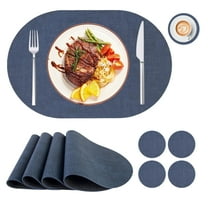 Placemats and Coasters, Faux Leather Placemats Heat Resistant Wipeable Washable Place Mats, Easy Clean Non-Slip Table Mats for Dining Outdoor Indoor( Set of 4, Dark Blue ).