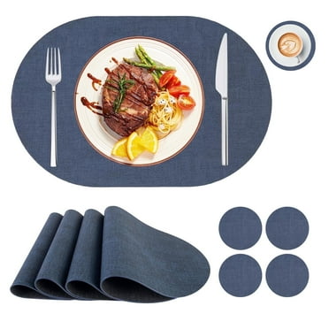 Placemats and Coasters, Faux Leather Placemats Heat Resistant Wipeable Washable Place Mats, Easy Clean Non-Slip Table Mats for Dining Outdoor Indoor( Set of 4, Dark Blue ).
