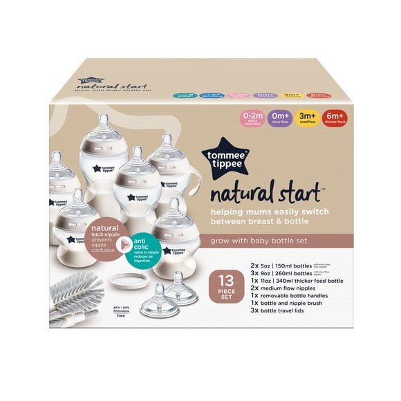 Tommee Tippee Natural Start Grow with Baby Bottle Set, 5oz, 9oz & 11oz Baby Bottles, Slow, Medium & Thicker Flow Breast-Like Nipples with Anti-Colic Valves, Removable Bottle Handles, Self-Sterilizing