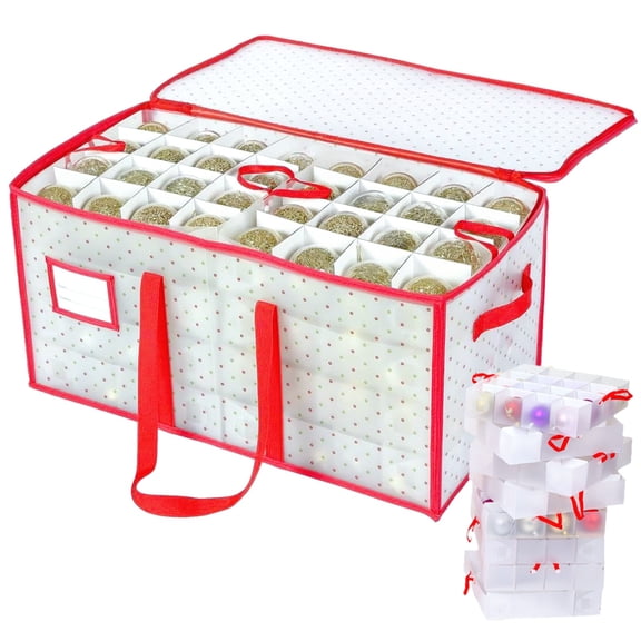 Aezusy Large Christmas Ornament Storage Box, up to 128 Holiday Ornaments, Removable Trays, Durable Christmas Containers Holder - Extra Pockets, Dual Zipper - Red