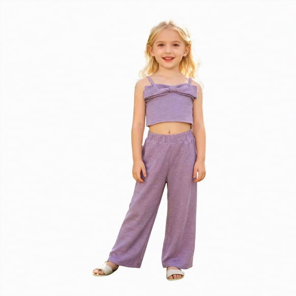 gdxvjhbj Girls Vacation Outfits Toddler Girl Clothes Kid Summer Outfit Ruffle Sleeve Shirt Top Pants Summer Clothing Set 5T 6T (Purple,5-6 Years)