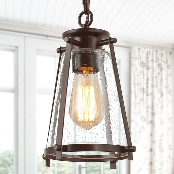 LNC Rustic 1-Light Bronze Pendant Light,Mini Kitchen Island Lamp with Seeded Glass Shade,W7.5"xH11"