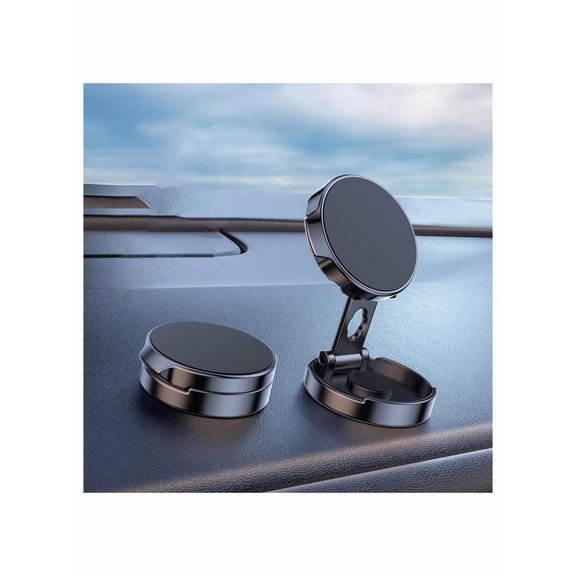 Car Phone Holder Round Folding Magnetic Bracket with Full Magnetic Force Fits All Phones, Black