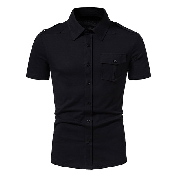 Camisas Hombre Botón de algodón para hombre, manga corta, verano, playa, casual, chablis, camisa (Black, L)