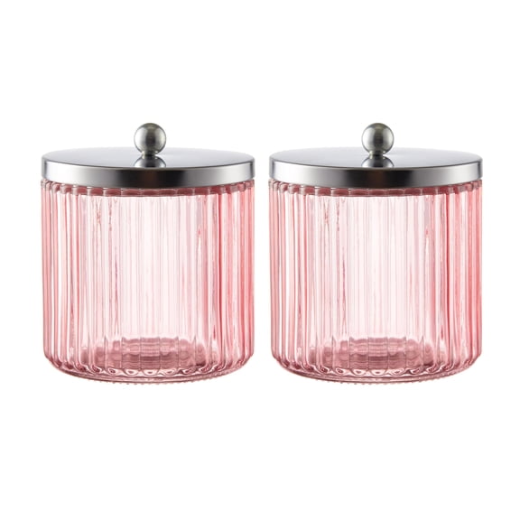 KMwares 2-Pack Pink Glass Bathroom Canister Set with Silver Metal Lids – Stylish, Airtight Storage for Cotton Balls, Swabs, Pads, and Floss Picks