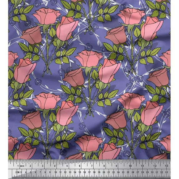 Soimoi Georgette Viscose Fabric Leaves & Rose Flower Fabric Prints By Yard 42 Inch Wide