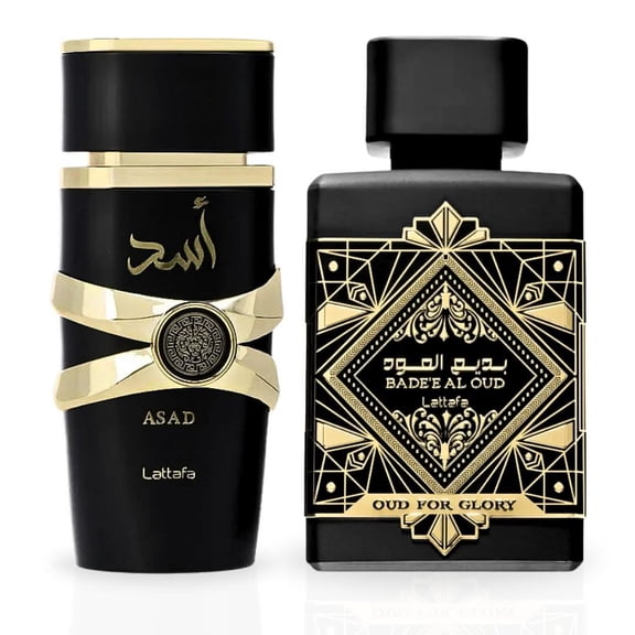 Asad & Bade'e Al Oud Glory Eau de Parfum Sprays 100ml (3.4 oz) by Lattafa (Bundle)