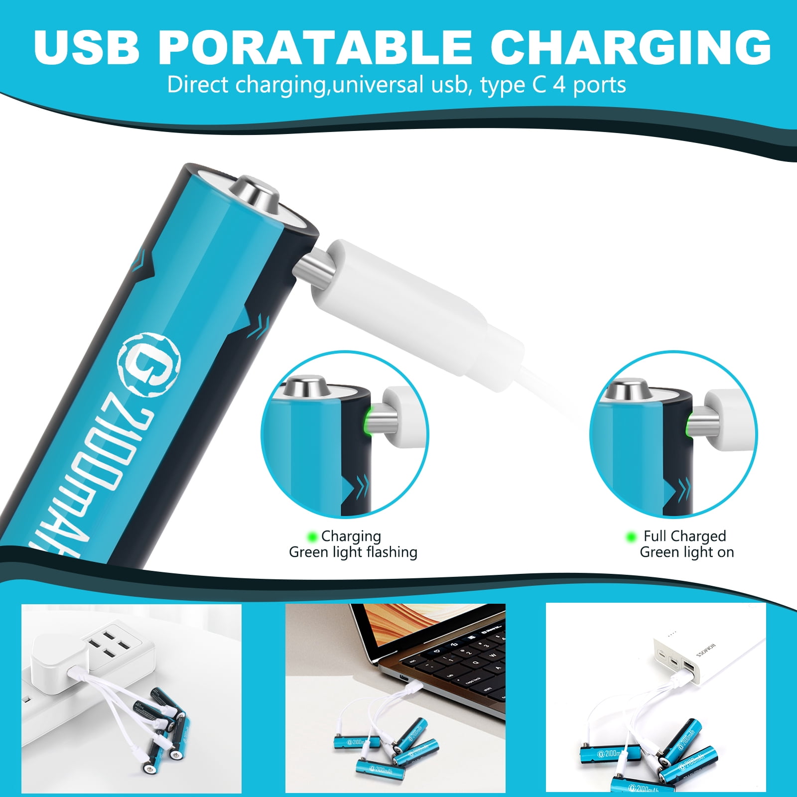 USB Rechargeable AA Batteries 4 Pack,1.5V 2100mAh Lithium Batteries AA with 4-in-1 USB-C Charging Cable