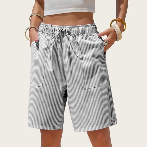 Evdexr Bermuda Shorts Womens Linen Striped Shorts 2026 Knee Length Drawstring Beach Shorts Summer Elastic Gauze Baggy Short Pants M