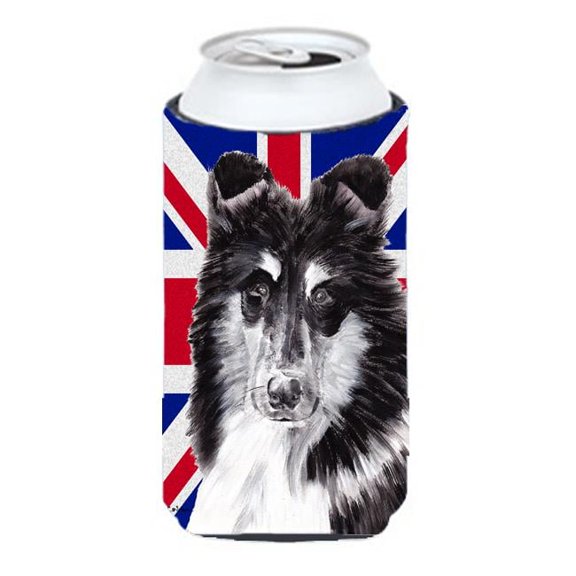 Black And White Collie With English Union Jack British Flag Tall Boy bottle sleeve Hugger - 22 To 24 Oz.