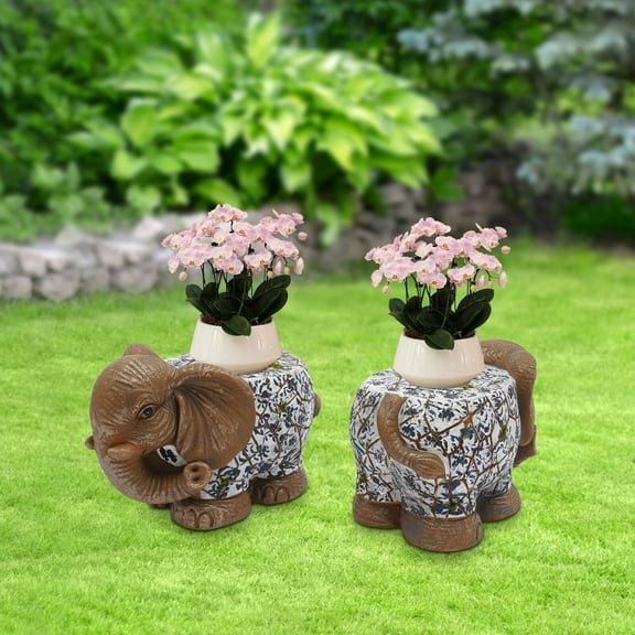 Brown Elephant Ceramic Garden Stool Trunk Up Side Table Glossy Accent 9.06in H For Use In Homes, Parks, And Schools