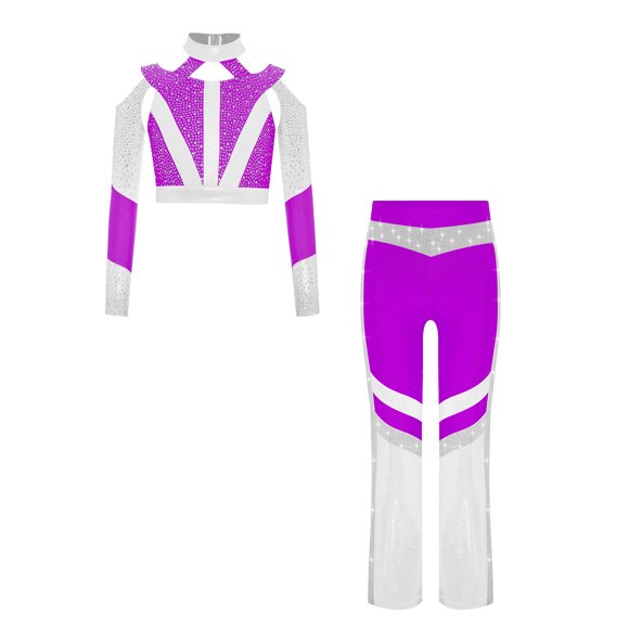 iefiel Haut de Gymnastique Pantalons Enfants Filles Manches Longues Bloc de Couleur Strass Crop Top Bas Évasé Danse Violet 12
