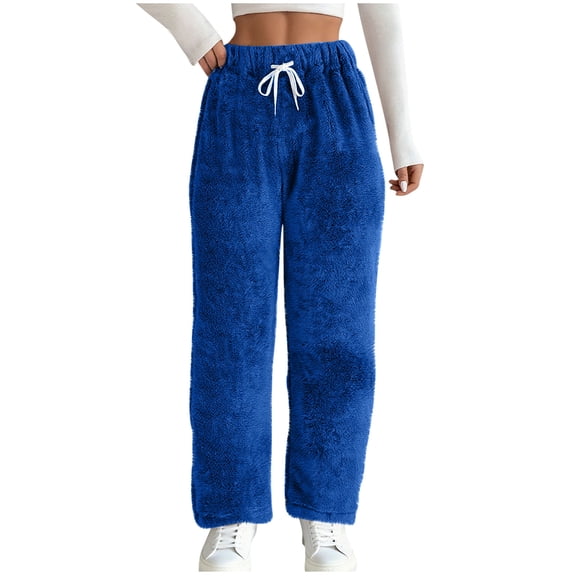 Fleece Soft Women's Wide Leg Sweatpants High Waisted Drawstring Fuzzy Plush Lounge Pants with Pockets
