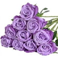 thumbnail image 1 of Xiao Hua Rosas artificiales realistas con tallos para decorar ramos de novia, 10 unidades (moradas), 1 of 2