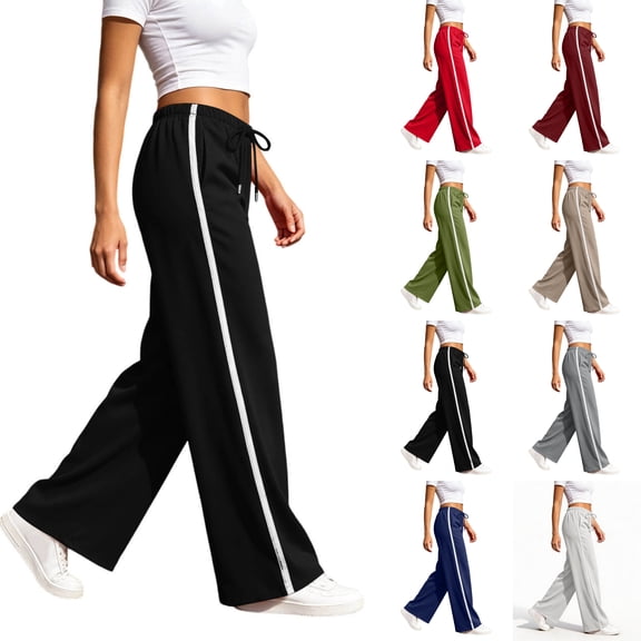 Nugftut Womens Wide Leg Pants Striped Elastic Waist Casual Sweatpants Lightweight Fall Pants