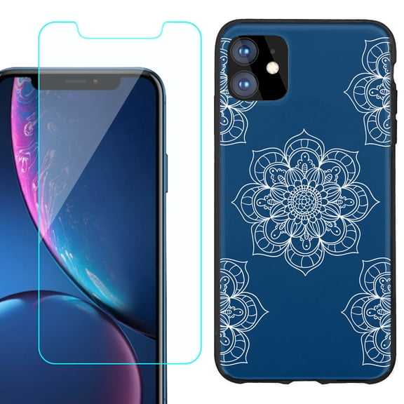 For Apple iPhone 11 Phone Case , Slim-Fit TPU Protective Case (Black), with Tempered Glass Screen Protector, by OneToughShield ® - Mandala / Blue