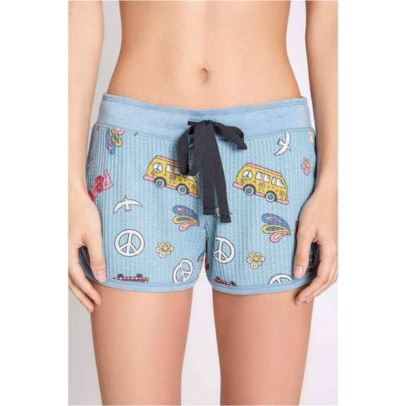 P.J. Salvage Womens Hippy Van, Hearts, Flowers Pajama Shorts, Blue, Medium