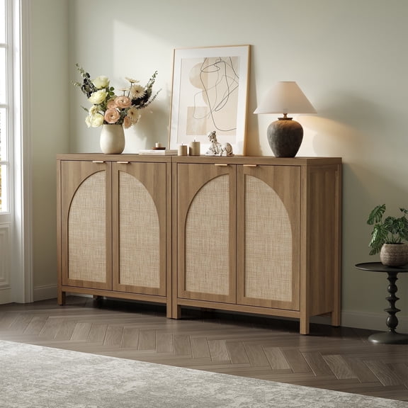 SICOTAS 34.2 Inch Wide Kitchen Pantry Cabinet Set of 2 with 2 Arch Rattan Doors, Rattan Arched Storage Cabinet with for Dining Room, Freestanding Organizer, Natural Oak
