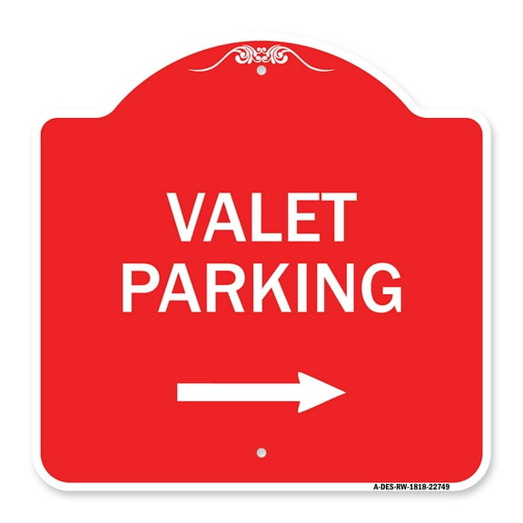 SignMission A-DES-RW-1818-22749 18 x 18 in. Designer Series Sign - Valet Parking with Right Arrow, Red & White