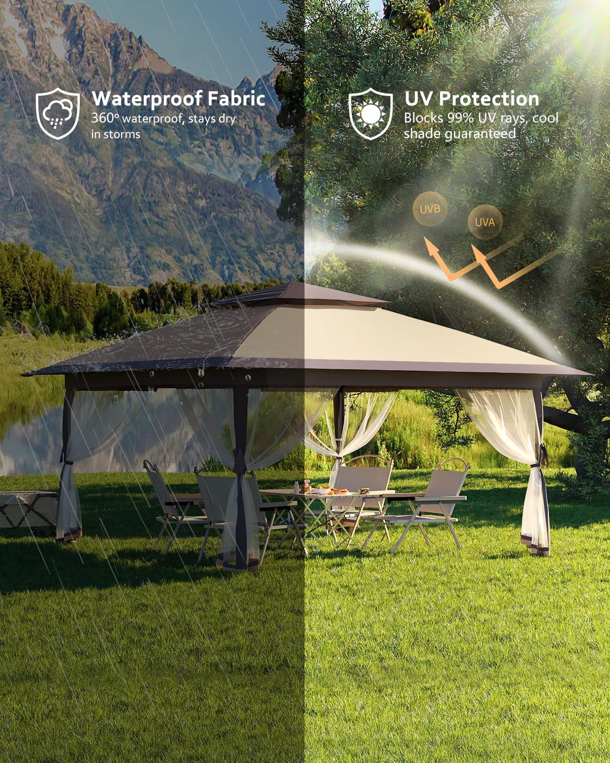 Luku 12' x 12' Outdoor Gazebo, Heavy Duty Double Roof Patio Gazebo with Netting and Curtains, Outdoor Patio Canopy for Deck Backyard Garden Lawns