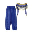 thumbnail image 4 of TiaoBug Kids Girls Belly Dance Harem Pants Chiffon Bloomer Trousers with Tassels Waist Chain Hip Scarf Royal Blue 9-12, 4 of 7