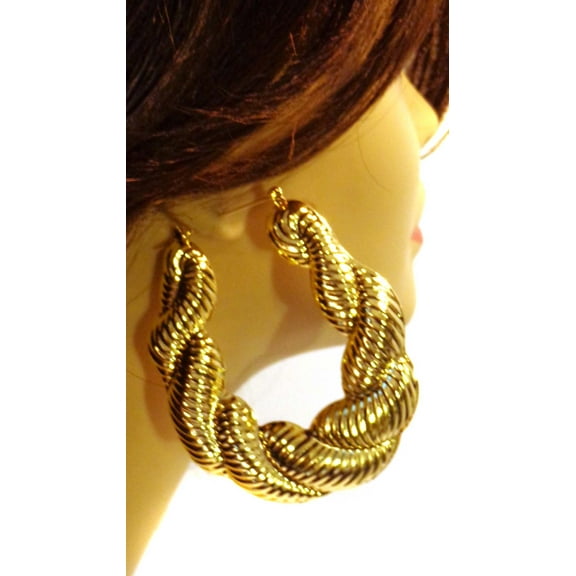 Puffy Gold Tone Rope Twisted Bamboo Hoop Earrings 3 inch Hoops