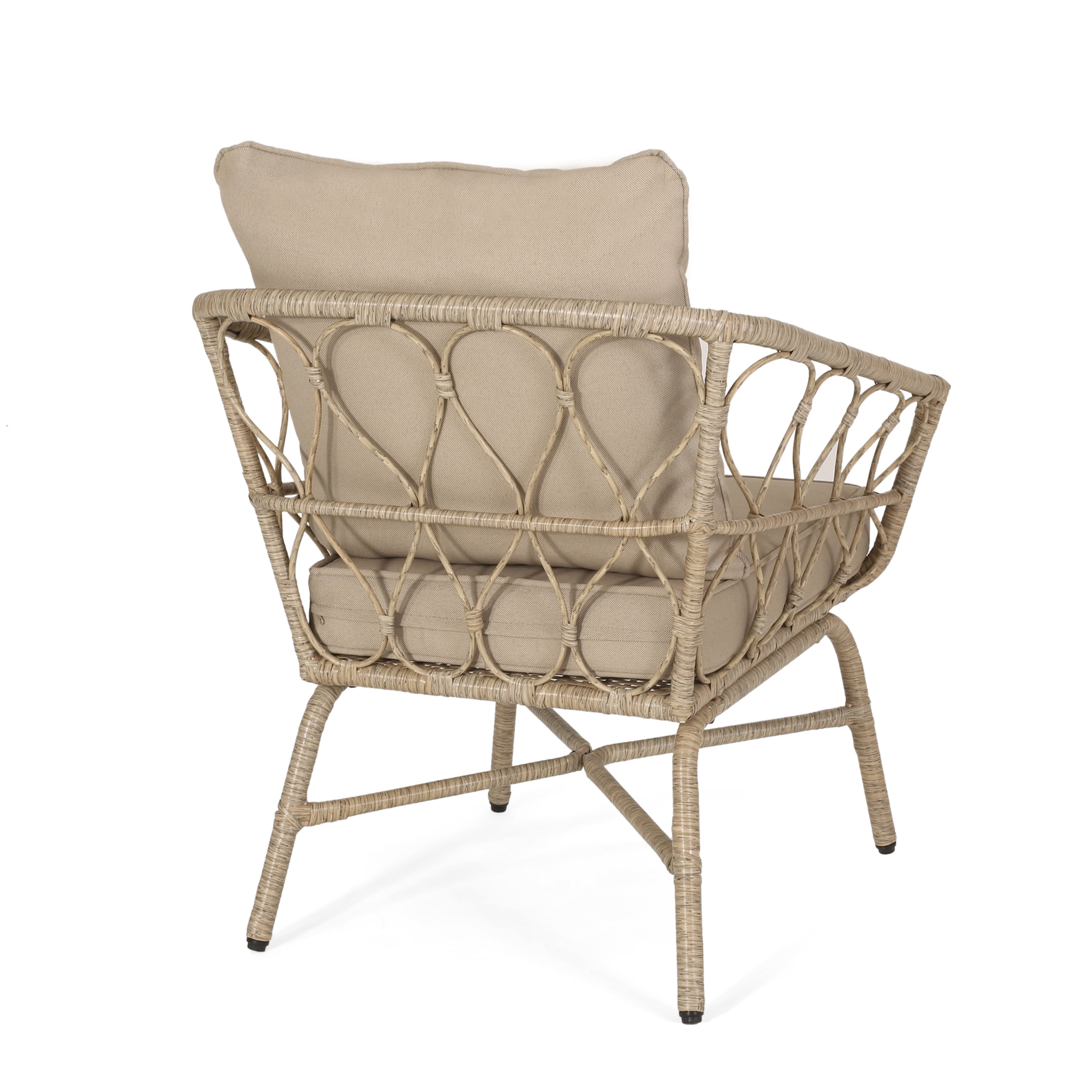 3-Piece Outdoor Bistro Chat Set with Light Brown PE Rattan and Beige Cushions, 2 Armchairs and Round Side Table for Patio Garden, Brown