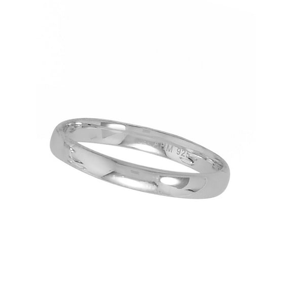 Wedding Band Ring 3mm Wide Polished Rhodium on Sterling Silver Nontarnish