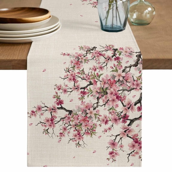Cherry Flowers Table Runner 36 Inches, Spring Modern Pink Floral Branch on Linen Bed Runner Dresser Scarves Tabletop for Indoor Outdoor Parties/Ceremony/Banquet, 13"x 36"