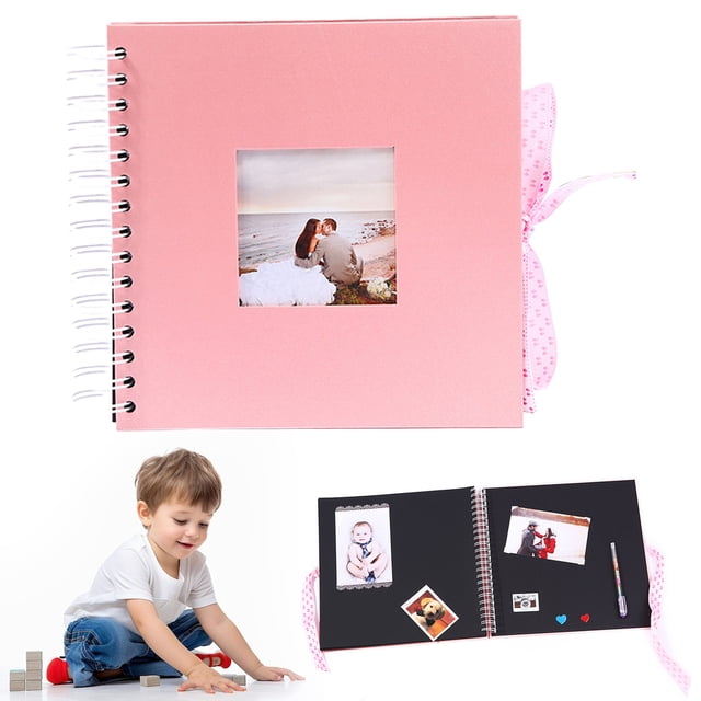 Plertrvy Black Cardstock Scrapbook, Creative Diy Photo Album with Ribbon Bow, 8-inch Window Design Memory Book for Personalized Picture Storage, Pink