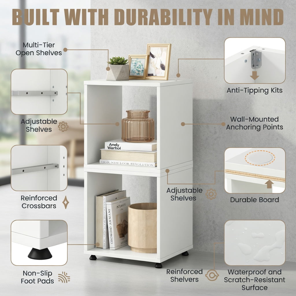 Spaco Cube Storage Organizer Set of 2-White, Tall Bookshelf, Shelves for Living Room, Home Office, Bedroom, Balcony