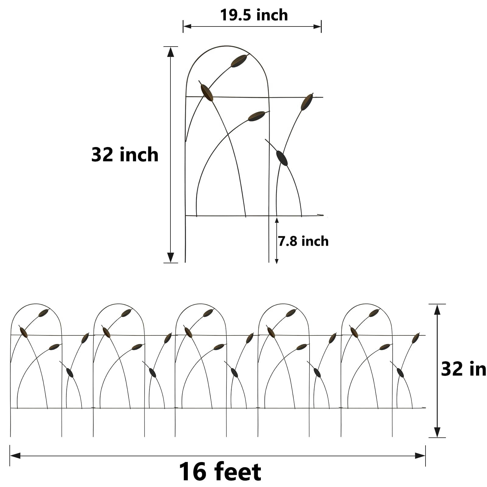 Metal Decorative Garden Fence Border, 32 in.H x 19.5 in.W (10 Panels, Total Length 16 feet) No Dig Fence Rustproof Wrought Iron Landscape Fencing for Flower Bed, Trees, Black