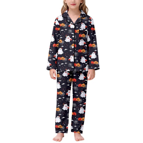SJLDQY Halloween Girls Pajama Sets Button Down Long Sleeve Shirts Pants 2 Piece Pjs Set Fall Winter Sleepwear Cozy Soft Loungewear Sets for Girls